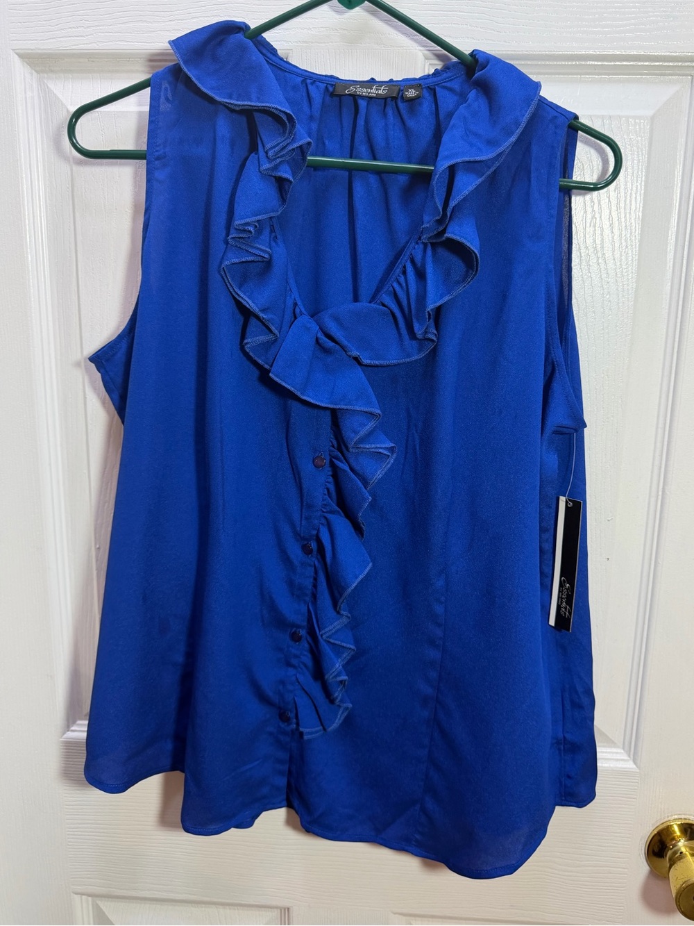 Essentials by Milano Cobalt Blue Sleeveless Ruffle-Trim Blouse